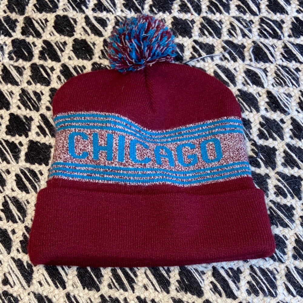 Maroon and Blue Pom-Pom Beanie